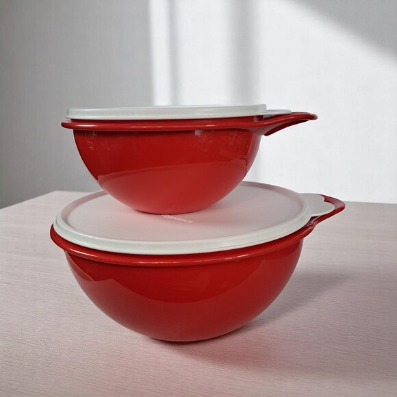 Set of two Tupperware Thatsa Bowl Mixing Storage Container Red White Seal